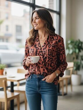 Lafayette 148 New York 100% Silk Leopard Print Blouse Size M Copper Orange Black